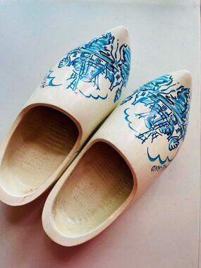 Artisan Carved Wooden Dutch Clogs Pair Blue/turquoise Decal Holland Folk Art